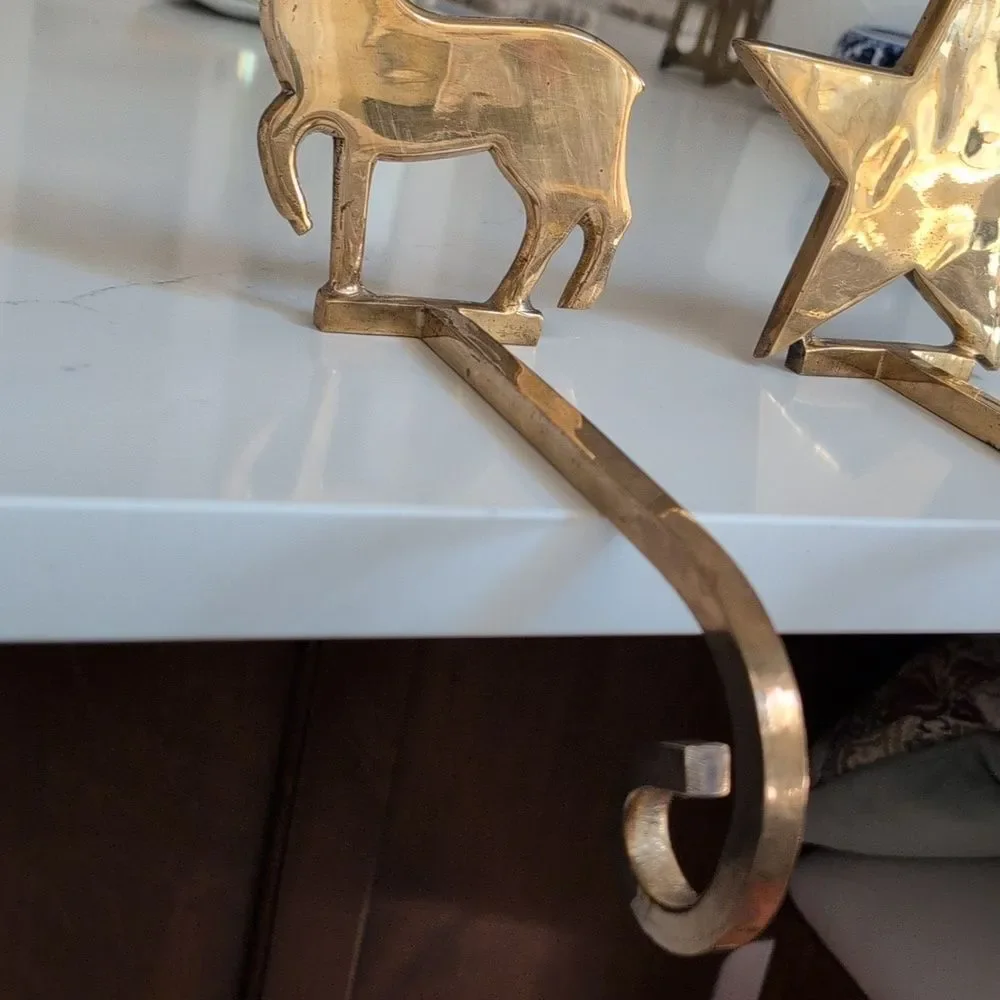 Solid Brass Reindeer and Star Christmas Stocking Holder Hooks Set of 2 Vintage
